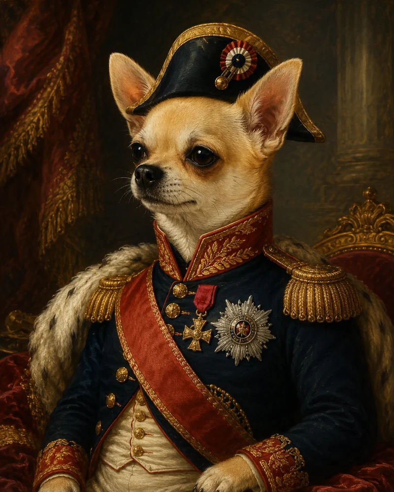Chihuahua transformé en portrait napoléonien