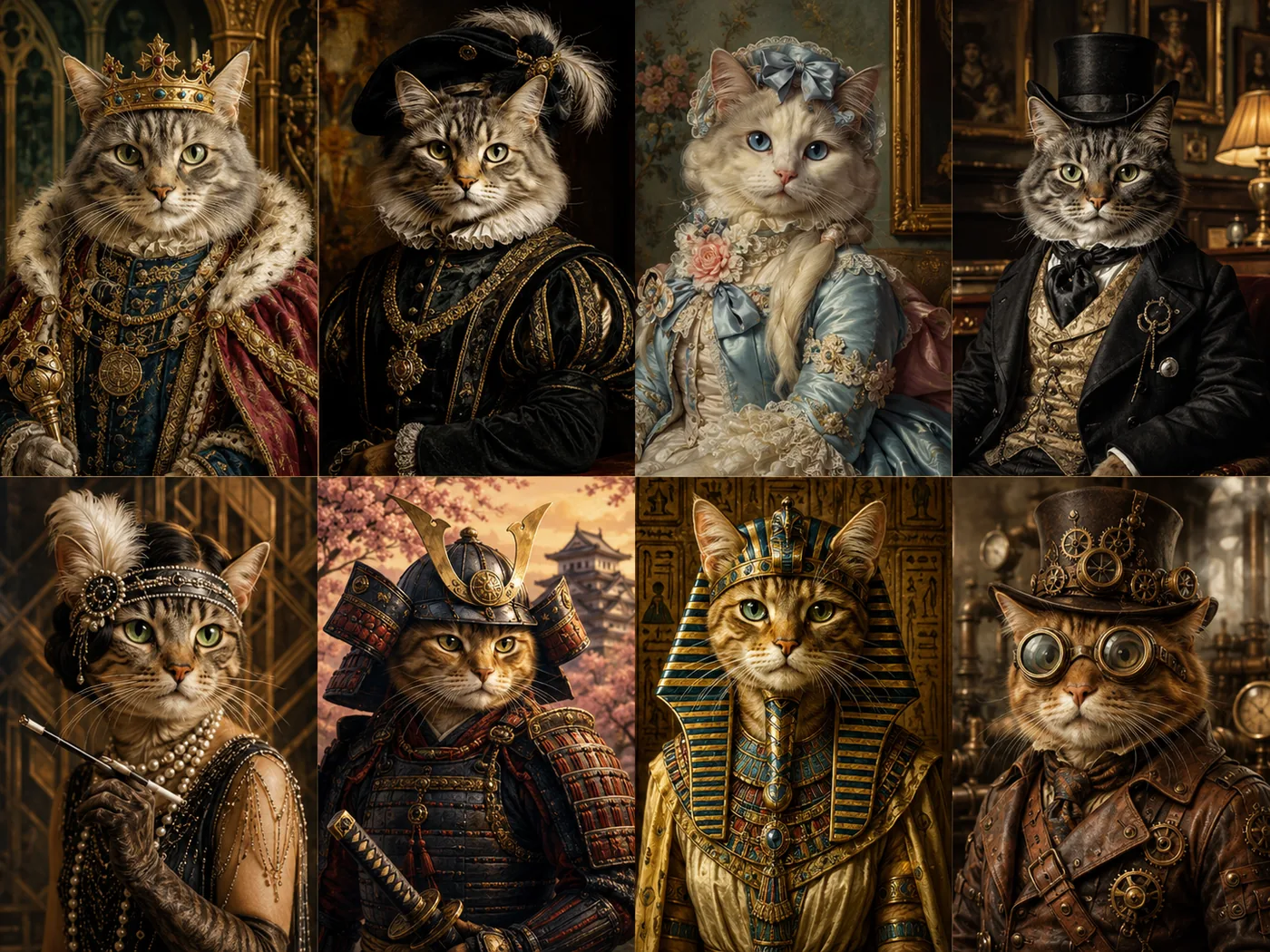 Collection de portraits personnalisés de chats en costumes historiques
