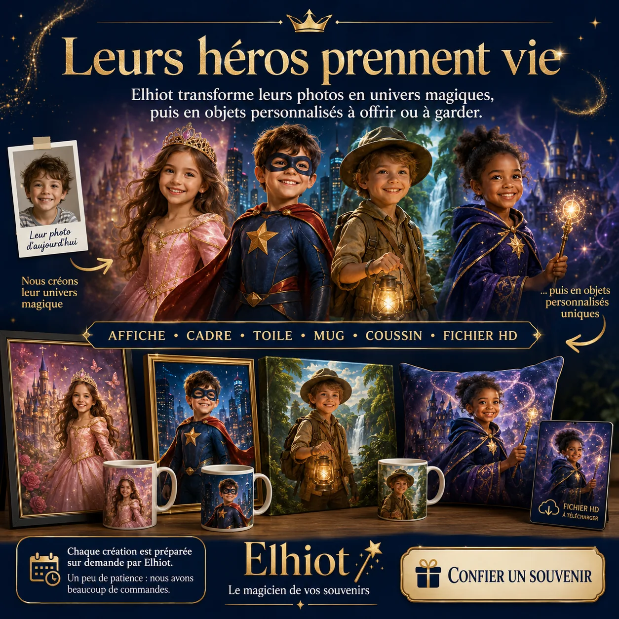 Portrait personnalisé décliné sur un cadre, une toile, un mug et un coussin